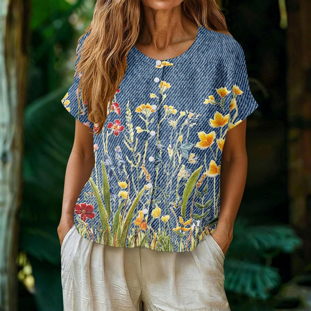 Women Casual Henley Neck Floral Print Button Front Short Sleeve Blouse Loose Fit Lightweight Top for Everyday Wear