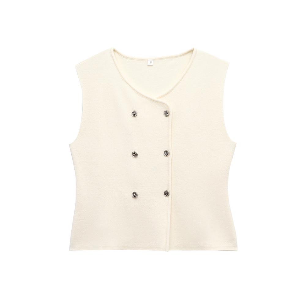 

Женский двухбортный трикотажный топ без рукавов с круглым вырезом Весна/Лето 2025 Medium грязно-белый