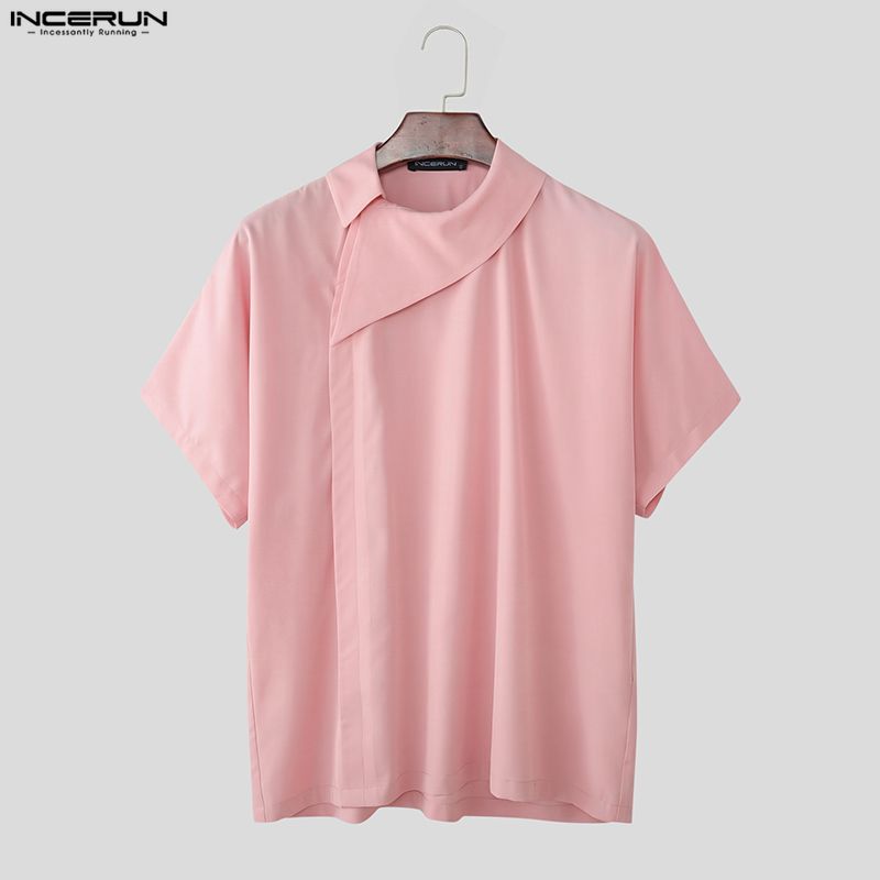 INCERUN Men Summer Lapel Neck Short Sleeve Side Buttons Casual Shirts Tops