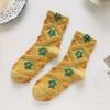 Women Socks Korean Japanese Style Cartoon Green Flower Harajuku Cute Kawaii Mid Tube Socks Breathable Casual Short  Cotton Socks
