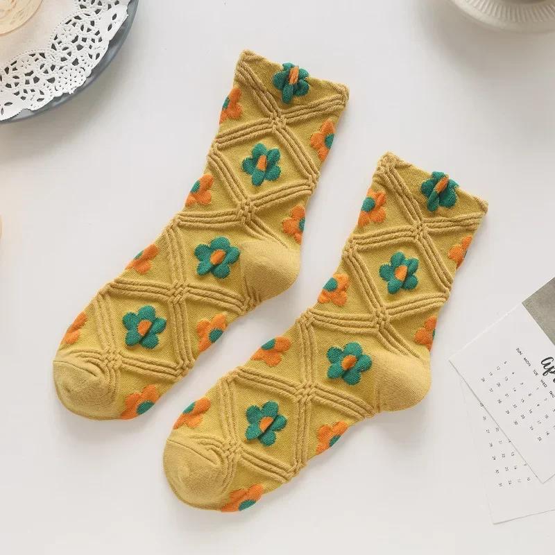 Women Socks Korean Japanese Style Cartoon Green Flower Harajuku Cute Kawaii Mid Tube Socks Breathable Casual Short  Cotton Socks