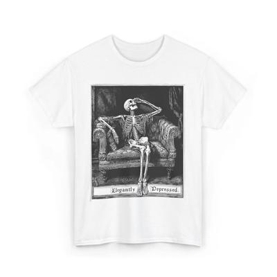 Vintage Elegant Depressed Skeleton T-Shirt Dark Academia Aesthetic Gothic Fashion Bookish Humor Victorian Goth Men Clothing