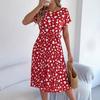 QICED Spring Summer Casual Color-blocking Heart-shaped Short-sleeved Waist-cinching Pleated Dress Women's Wear