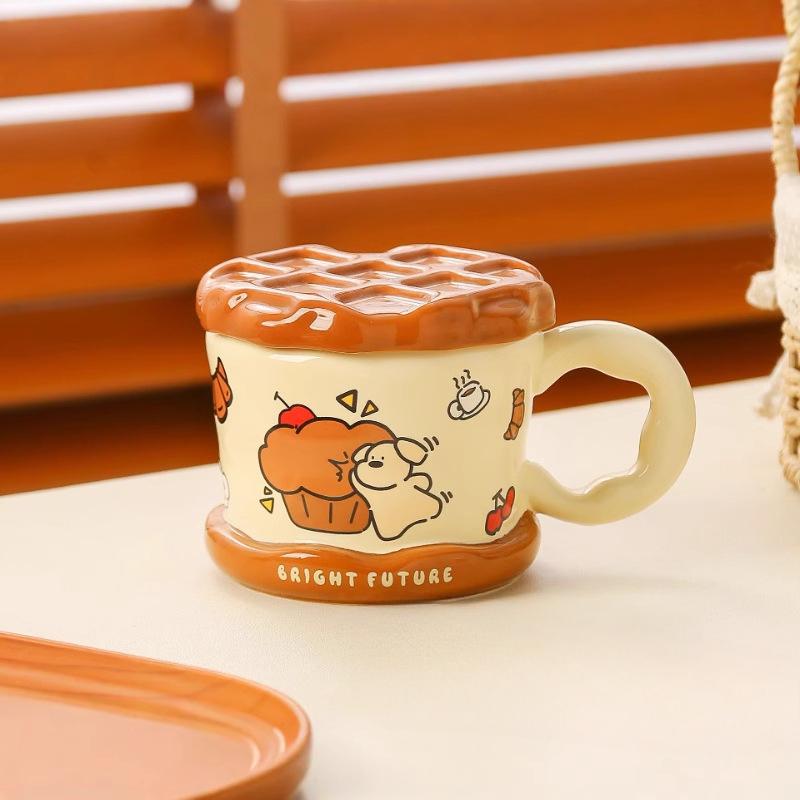 Waffle Cup Creative High Looking Cute Puppy Birthday Gift Souvenir Mug with Lid Ceramic Water Cup