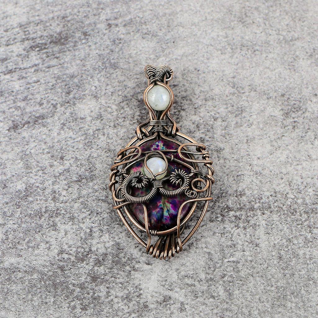 Multi Flash Labradorite & Rainbow Moonstone Pendant, 999 Copper Wire Wrapped Jewelry, Gemstone Jewelry, Handmade Pendant, For Wedding Gift