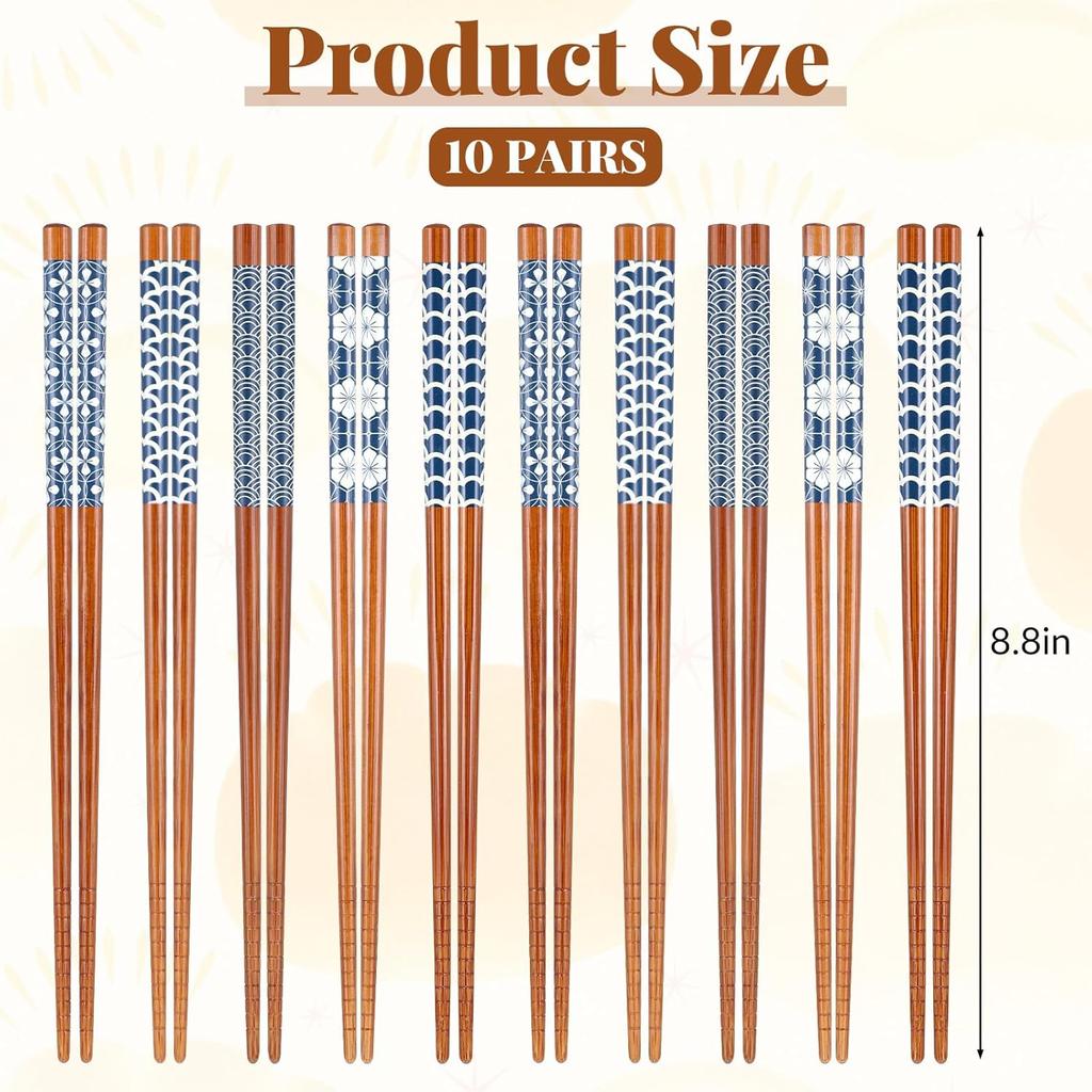 10 Pairs Wooden Chopsticks, Japanese Style Bamboo Chopsticks, Natural Reble Dishwasher Safe, Non Slip, 8.8 Inch/22.5cm