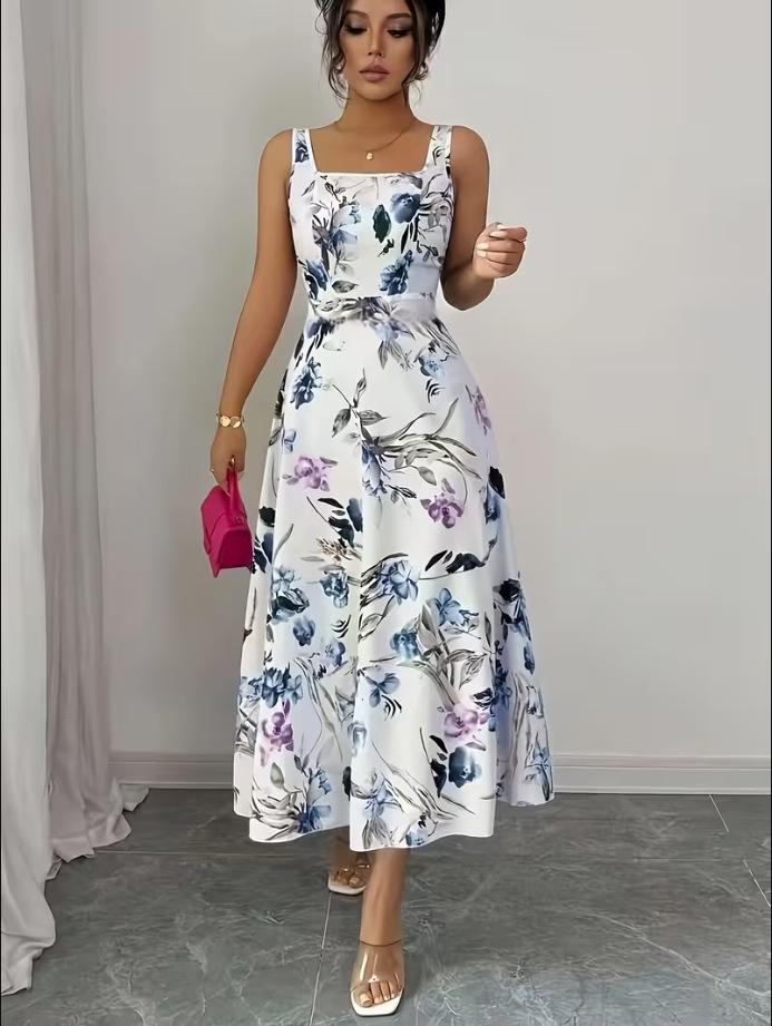 2026 Summer Floral Print Slim-Fit Spaghetti Strap Square Neck Dress