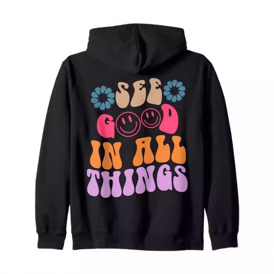 New EU Size Women's Drop Shoulder Ribbed Smiley Face Embroidery Hoodie Sweatshirt