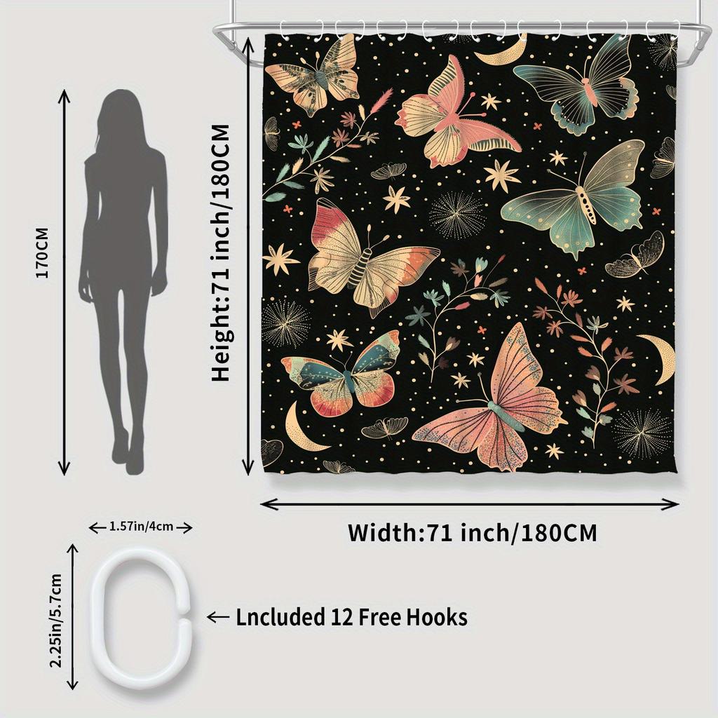 1pc Butterfly Print Shower Curtain - Polyester, Vibrant Butterfly & Floral Design, Black Background, Modern Decor