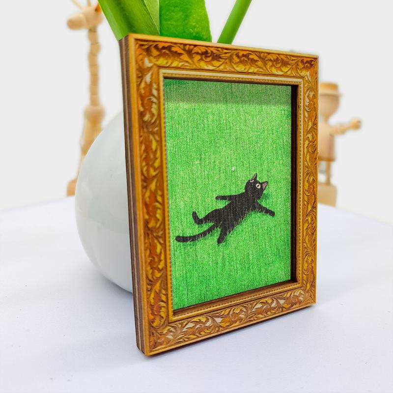 Cute Black Cat Fridge Magnet Vintage Wooden Frame Grass Pattern Art Ornament for Refrigerator Kitchen Decor