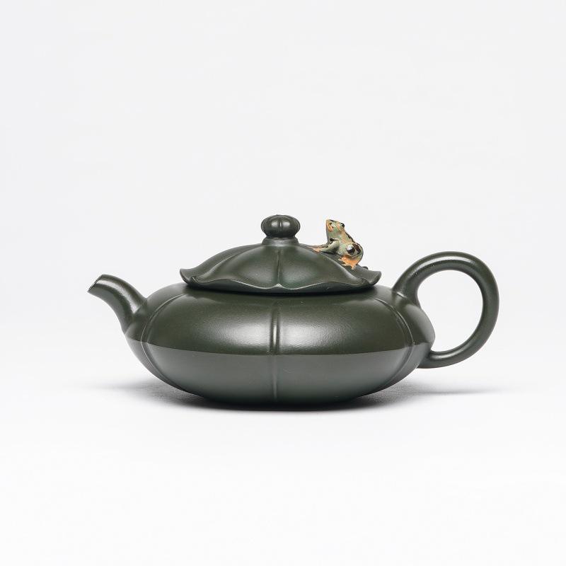 Yixing Zisha Green Clay Frog Lotus Teapot by Famous Artist - Handmade Tea Set Gift