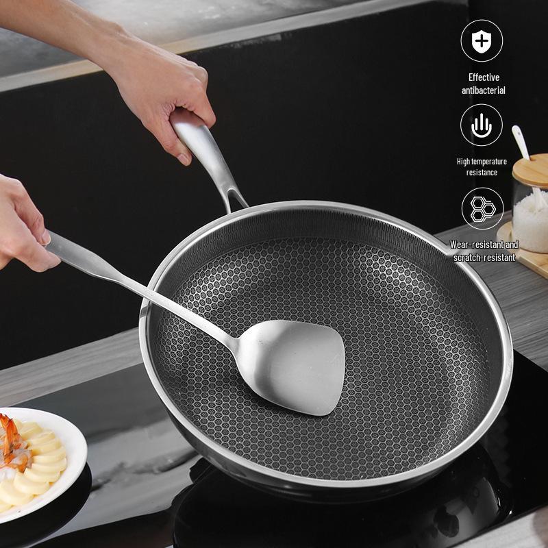 Extra Thick Non-stick Stainless Steel Honeycomb Wok - Flat-bottomed Frying Pan for Cooking