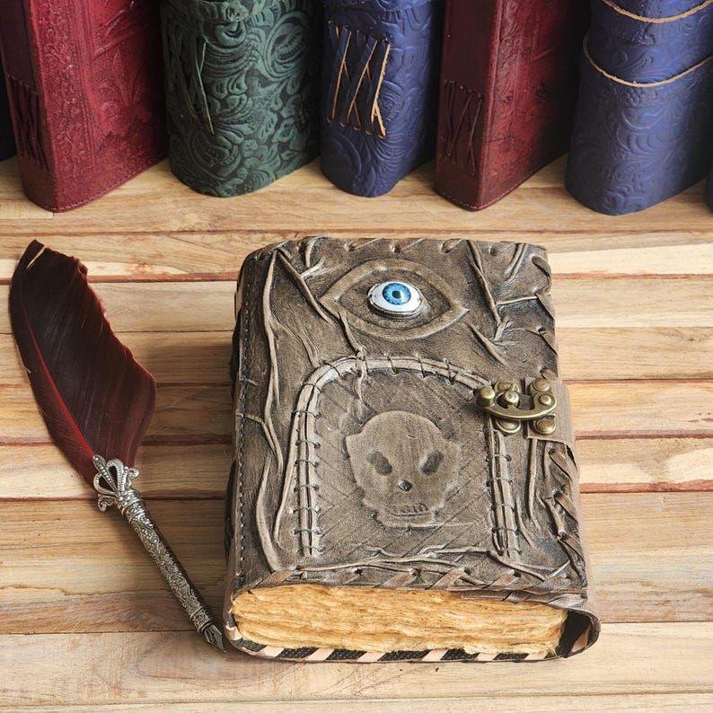 Gothic Spellbook Journal with Skull & Eye Design | 200 Page Fantasy Leather Notebook | Dark Aesthetic Grimoire with Lock, Book of Shadows