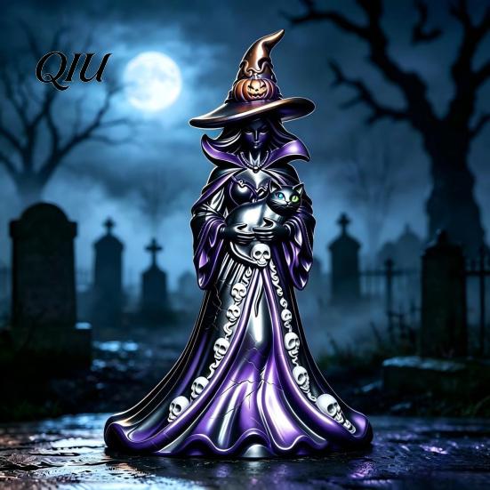 Goth Style Interior Accessories Halloween Witch Figurine, Resin Black Cat Statue with Pumpkin, Retro Seasonal Holiday Ornament Sculpture, Gothic