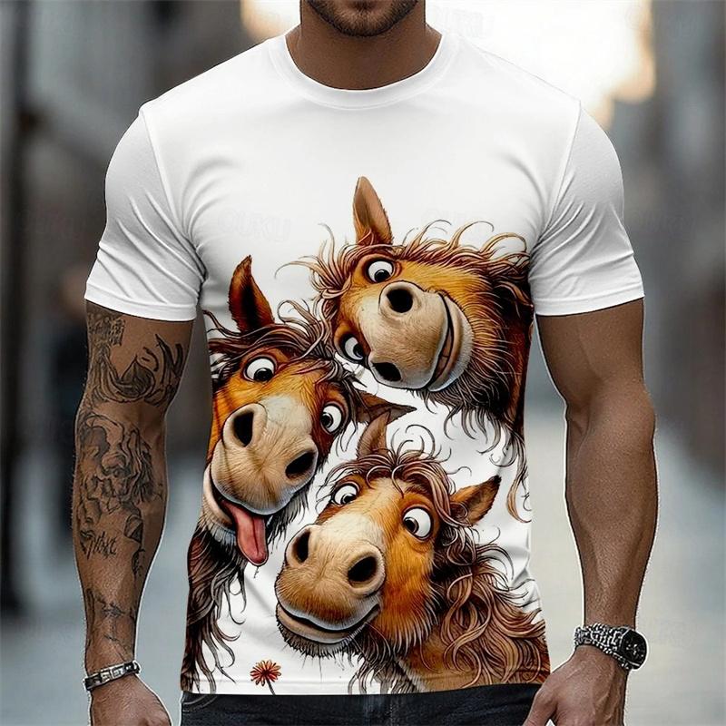 Cartoon Anime Horse Graphic T-shirt For Men Funny Casual 3D Animal Print O-neck Breathable Tee Shirts Summer Daily Leisure Tops
