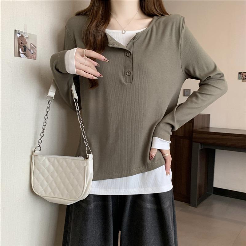 Real shot cotton loose long-sleeved T-shirt women's season versatile fake two-piece design niche top