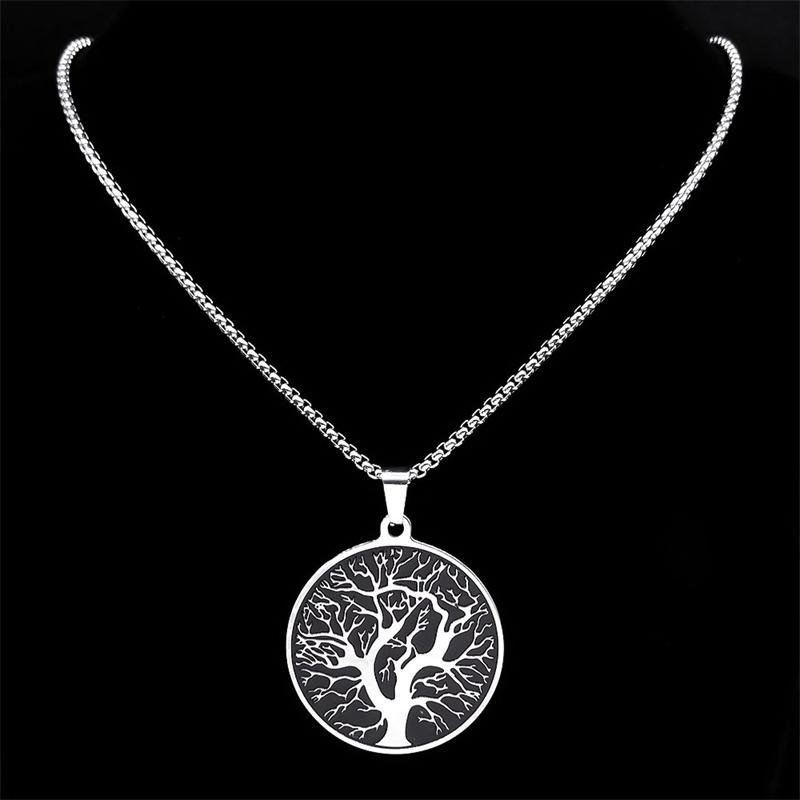 Yoga Tree of Life Pendant Necklaces for Women/Men Stainless Steel Silver Color Retro Chain Necklace Jewelry Collier N7917S02