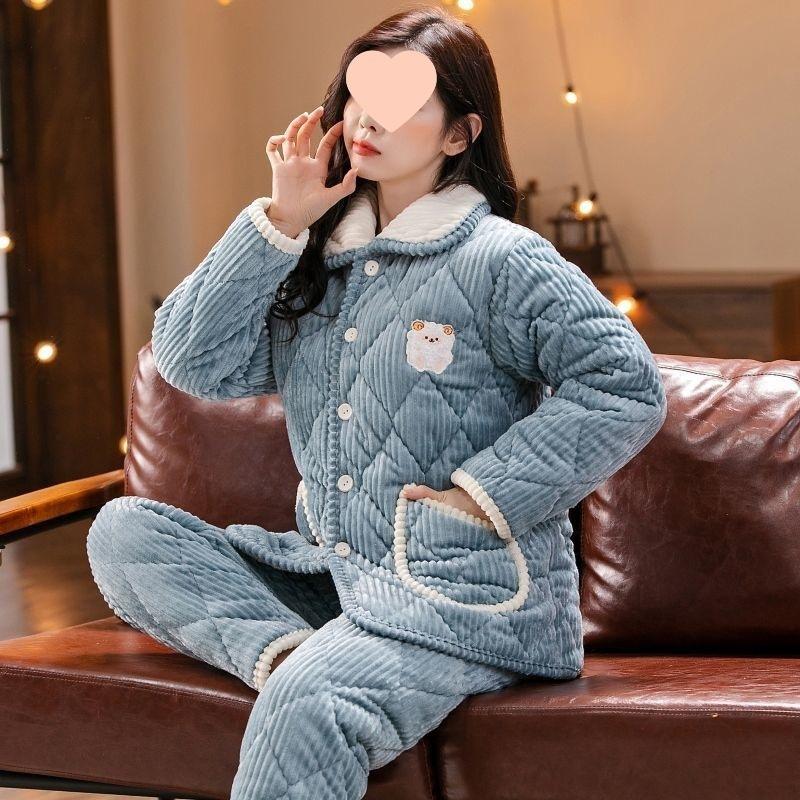 Pajamas women's winter warm winter fleece thickened coral fleece three layers of cotton autumn and winter women's loungewear