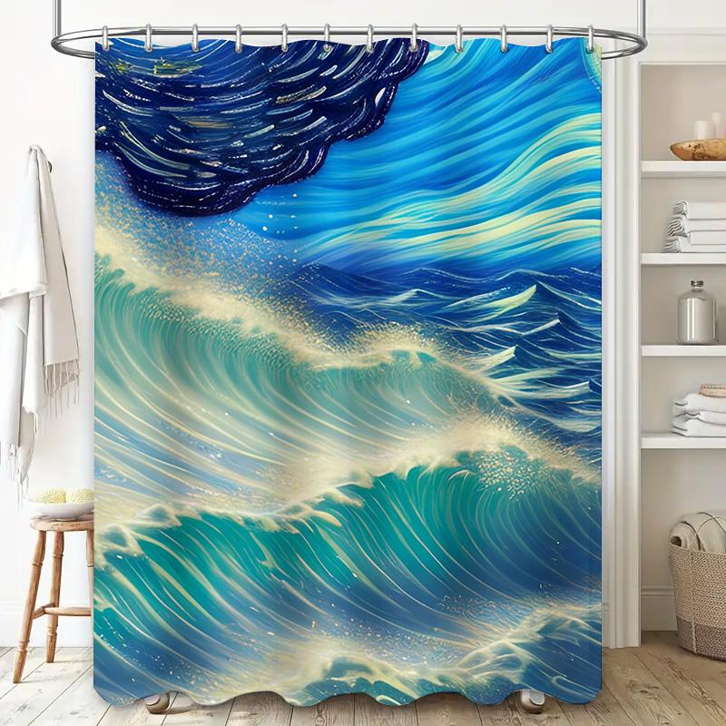 Artistic Ocean Waves Shower Curtain Modern Blue White Design for Bathroom Decorations 3D Printed Waterproof Fabric Easy To Hang