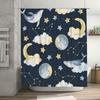 Whimsical Moon Star Print Shower Curtain Navy Blue Background with Whales, Clouds Constellations Perfect for Bath Decor!