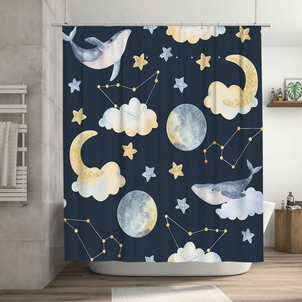 Whimsical Moon Star Print Shower Curtain Navy Blue Background with Whales, Clouds Constellations Perfect for Bath Decor!