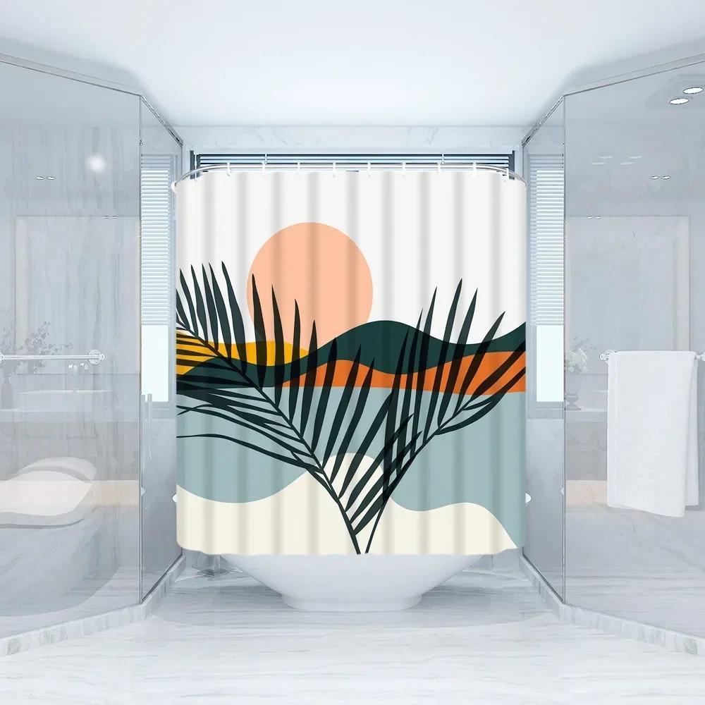 Fabric Geometric Shower Curtain, Mid-Century Modern Geometric Herringbone Chevron Blue Black Gray Square Bathroom Decoration