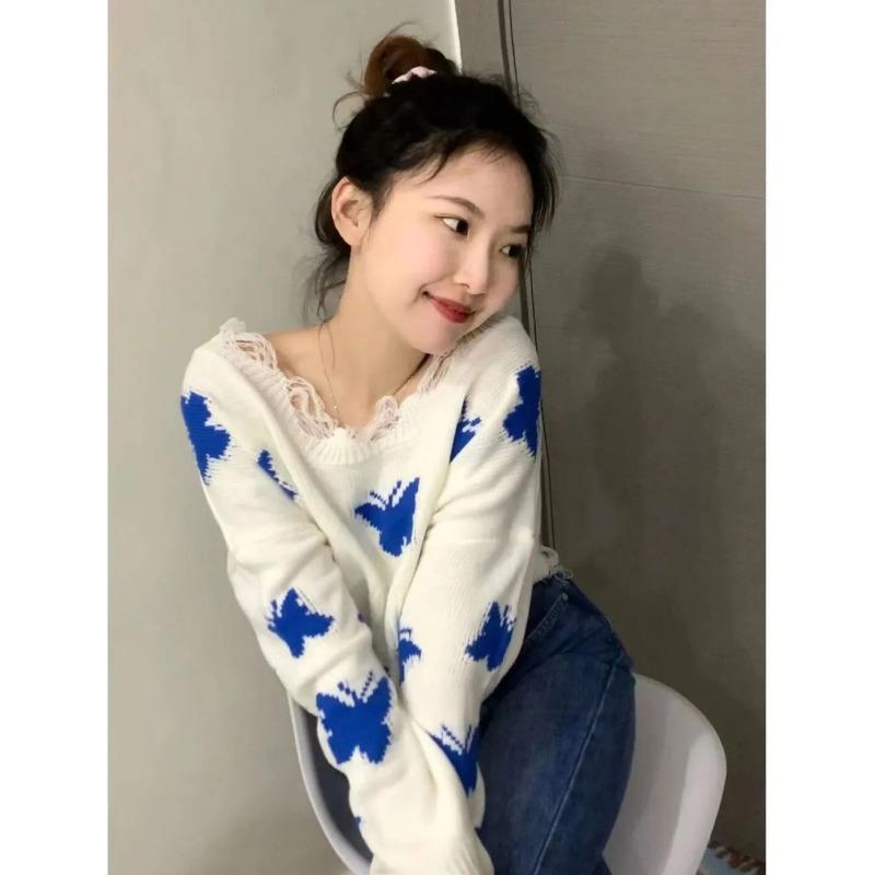 Butterfly Printed Short Sweater Sweet Women's Knitted Pullover Short Top Irregular Tassel Hem Collar Design Wide Truffle Shoulder Thin Sweater