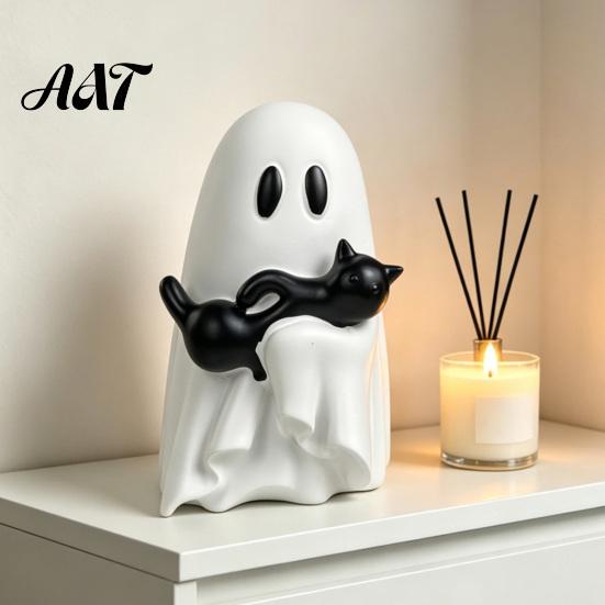 Small Ghost Holding Black Cat Statue Halloween Ornament, Hugging A Sculpture, Decorative Figurine for Holiday Parties Resin Unique Figurine,