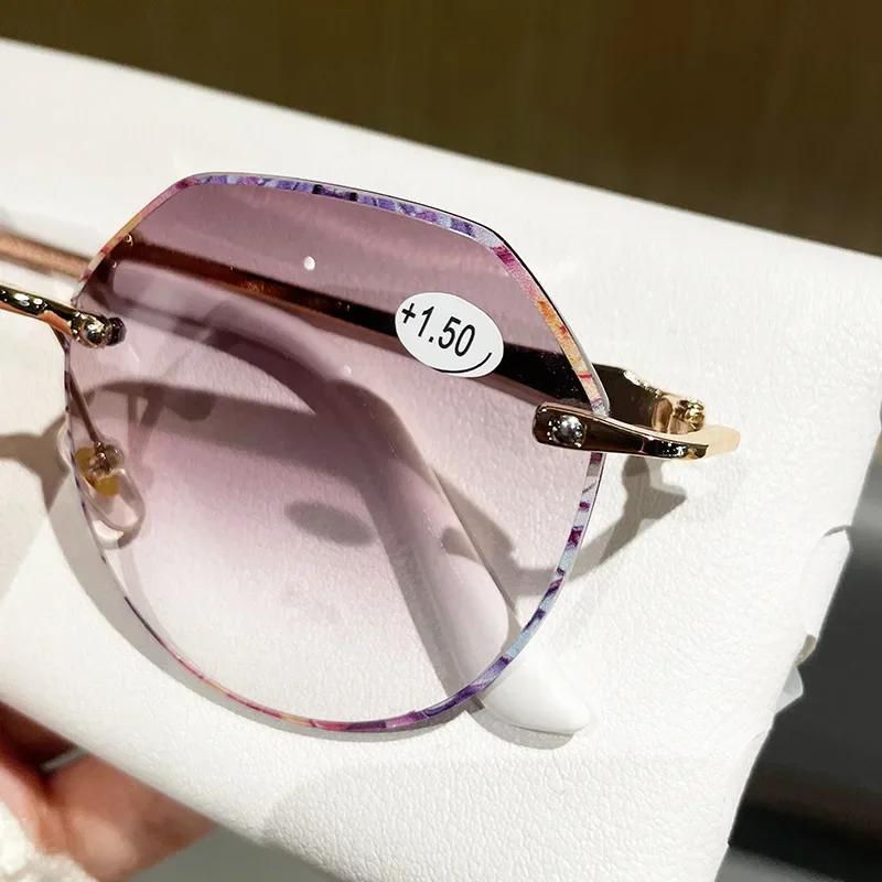 Women Luxury Fashionable Reading Glasses Retro Round Rimless 3D Flora Far Sight Eyeglasses Men Metal Presbyopia Sunglasses