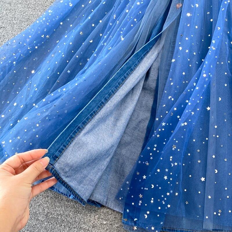 Thin Ripening Wind White Neckline Lace Lace Gauze Patchwork High-end and Slim Hemline Dress