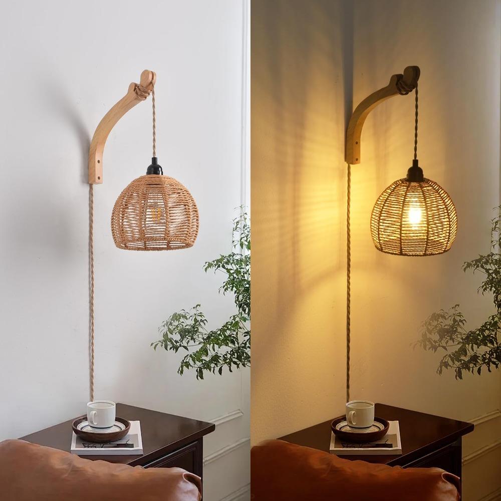 Rustic Wall Lamp with Plug in Cord Vintage Rattan Wall Light Lamp Fixture Farmhouse Sconces for Bedroom Bedside Living Room