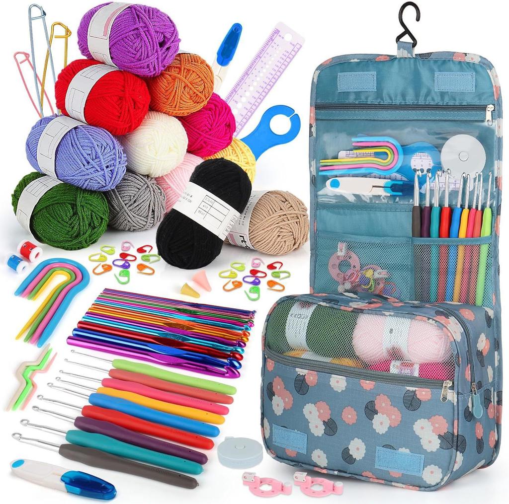 Set Complet de 130 de Piese Croșetat, Kit de Cusut Tricotat Manual 12 Culori, Set Lână Bumbac Lapte