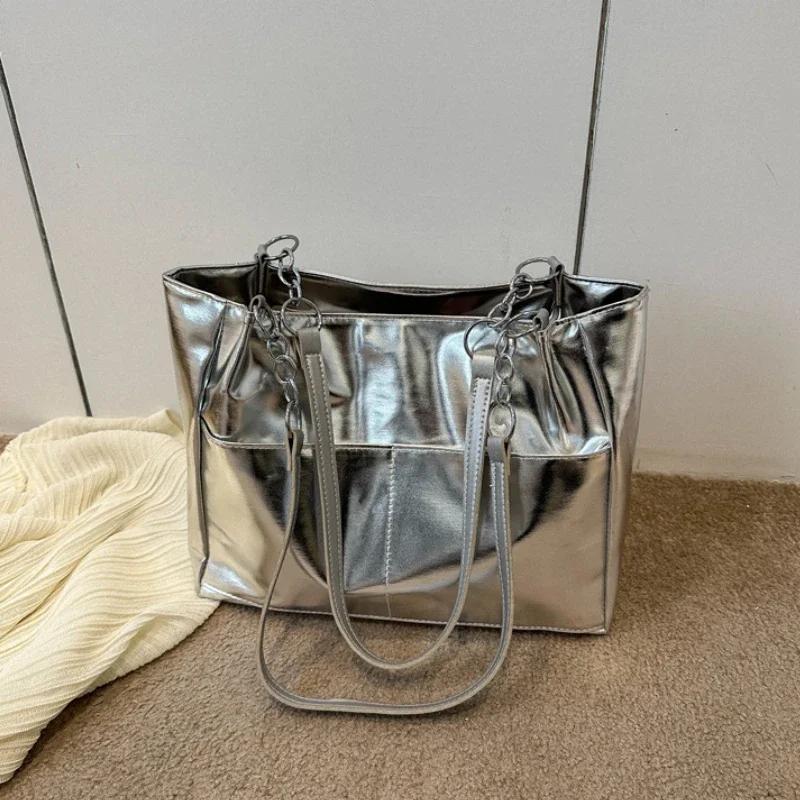 

Повседневные сумки для женщин, новинка 2024 года, сумки на плечо большой вместимости, текстурированные яркие сумки-тоут из искусственной кожи для женщин, элегантные сумки с цепочкой