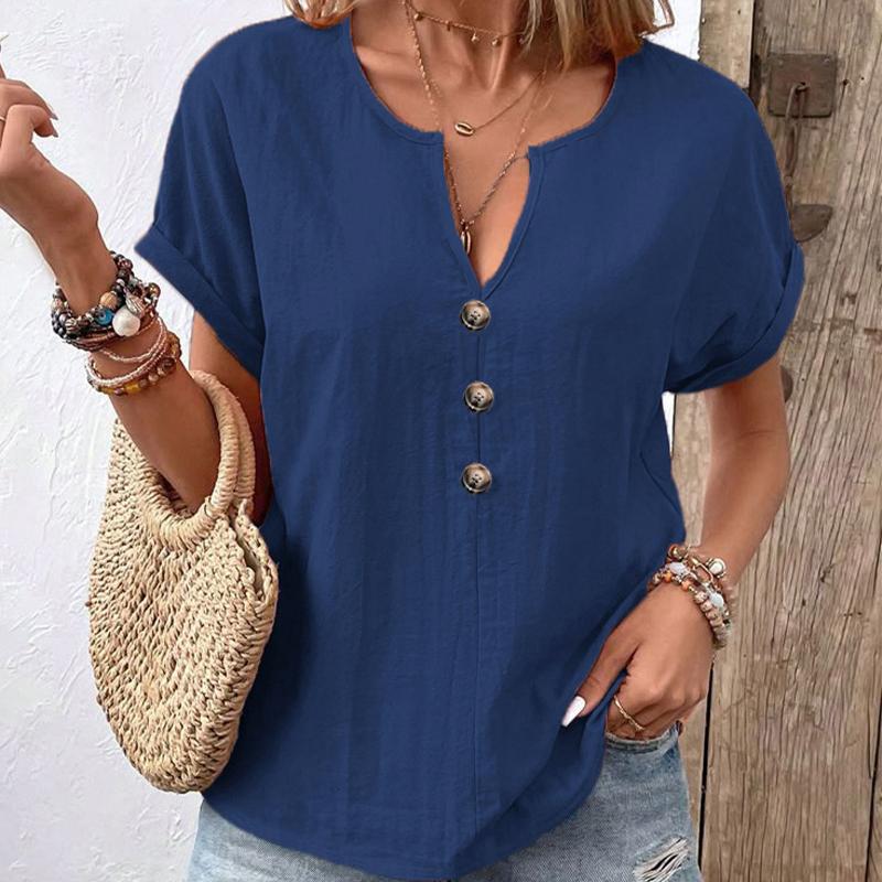 Sommer Damen Button-Down V-Ausschnitt Kurzarmhemd Freizeit Oberteil