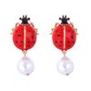 Personality Creative Design Sense Alloy Dripping Insects Seven Stars Ladybug Imitation Pearl Pendant Earrings Women's Accessories