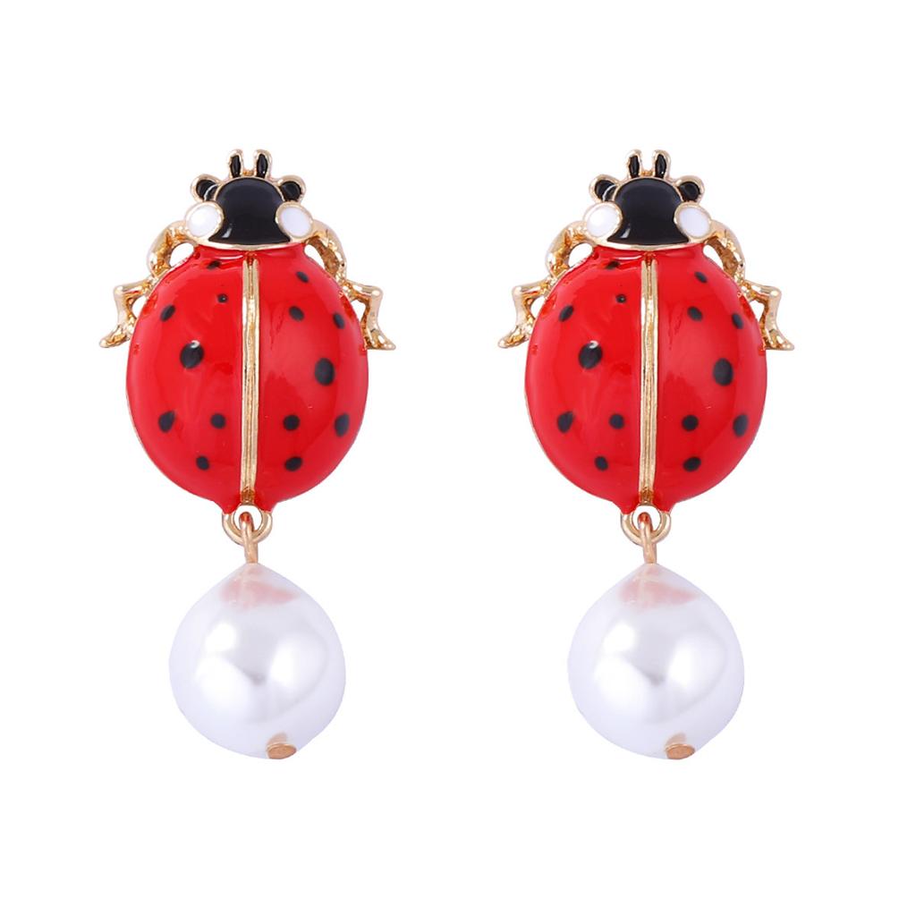 Personality Creative Design Sense Alloy Dripping Insects Seven Stars Ladybug Imitation Pearl Pendant Earrings Women's Accessories