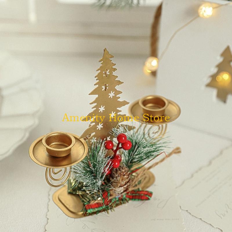 F26C Gold Iron Double Candlestick Home Decors for Holiday Christmas Metal Candle Holders Stand with Pinecones and Berries