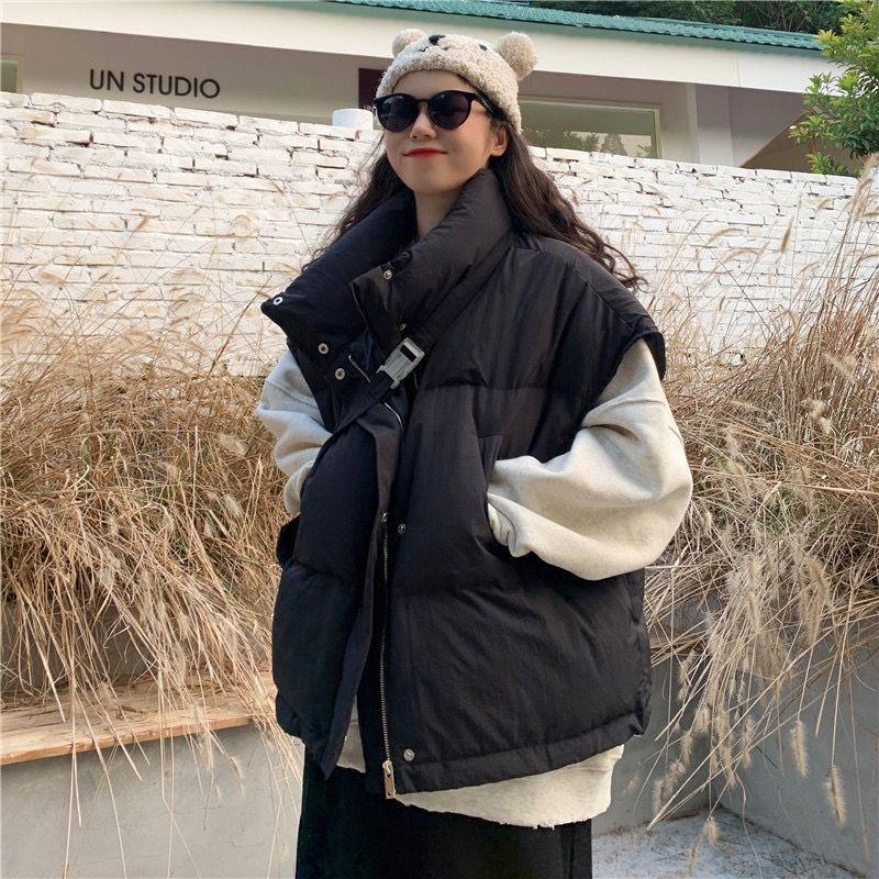 

Down cotton vest women s new autumn and winter stand-up collar thickened cold-proof warm thickened casual commuter vest jacket S 70-45 kg чёрный