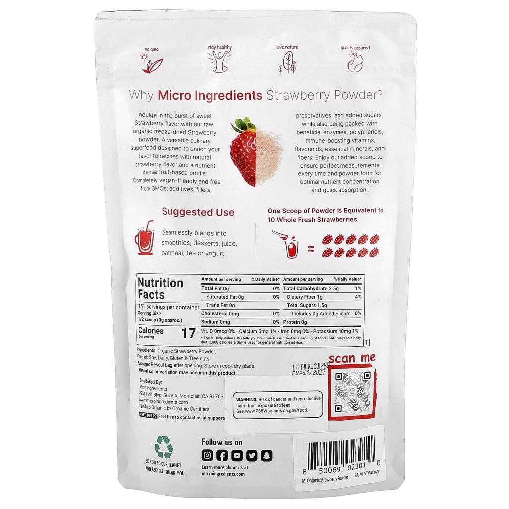 Micro Ingredients Organic Strawberry Powder, 1 Lb (454 G)