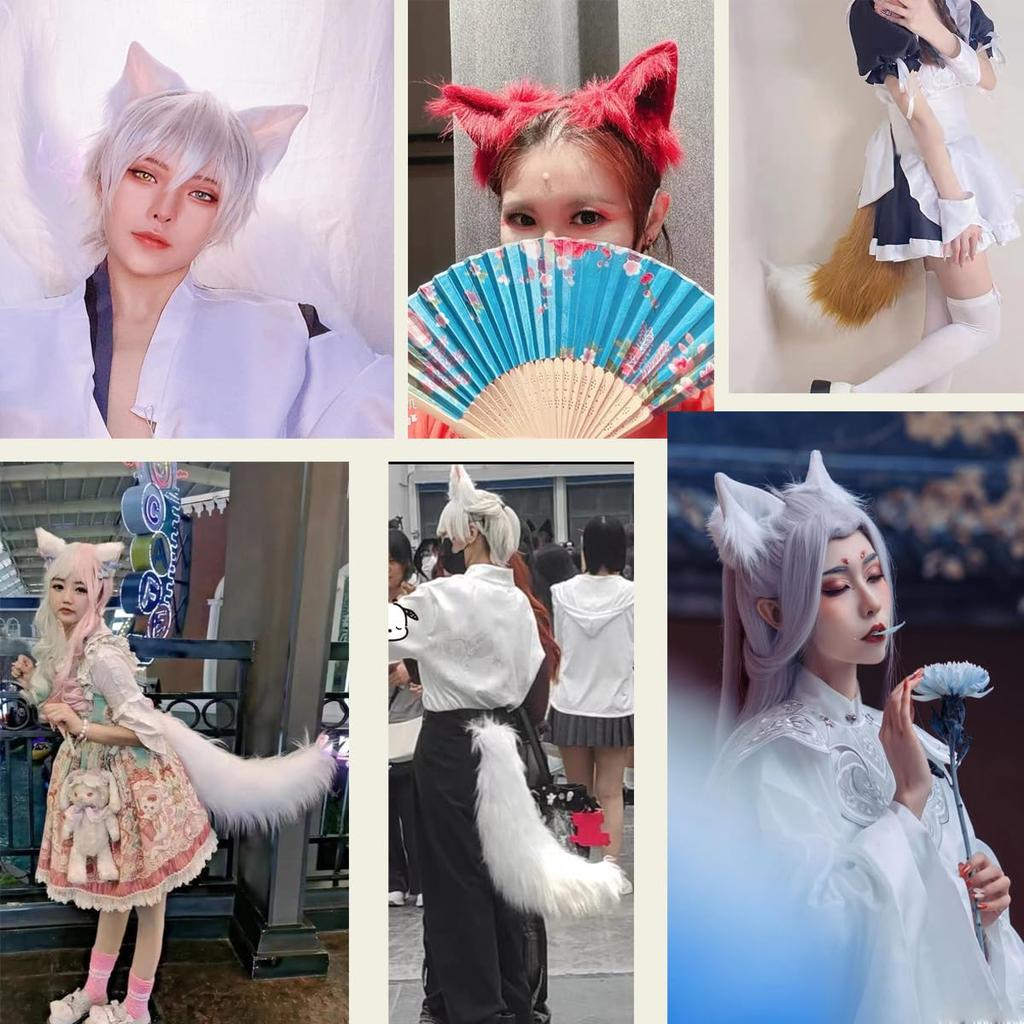 GUFER Cat Fox and Tail Fluffy Fox Wolf School Cosplay Tail Ears Ears, Ears, Set, Cosplay, Tail, 2-Piece Set, Cosplay, Costume, Disguise, Halloween,