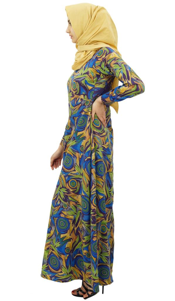 Bimba Womens Muslim Printed Jilbab Dress Designer Abaya With Pockets & Hijab