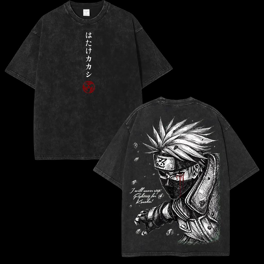 Kakashi Hatake Washed NarutoT-Shirt Men Women Shippuden Sharingan Lightning Blade Copy Ninja Manga Short Sleeve High Quality Female Male Clothing