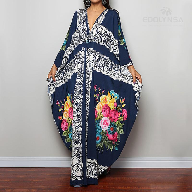 2022 Potisk přikrývky Sexy Hluboké letní plážové šaty s výstřihem do V Tunika Kaftan Ženy Plážové oblečení Plavky Zahalovací župan De Plage Q1289