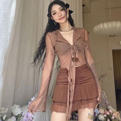 2KWEIRD Long Flare Sleeve Blouses for Women Lace-up Mesh Sexy Sweet Hot Girls Korean Fashion Style All-match Solid Design Elegant Casual