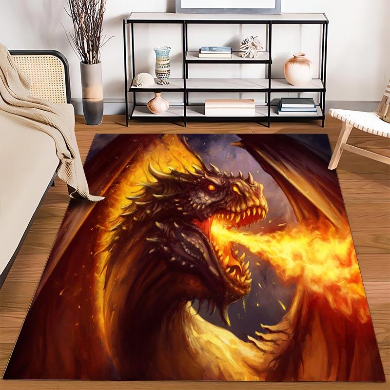 Fiery Dragon Fantasy Art Carpet with Fire Breath and Dark Wings Design1Warm Tones Suitable for Use As an Anti-slip1 For1room and Bedroom Sofas