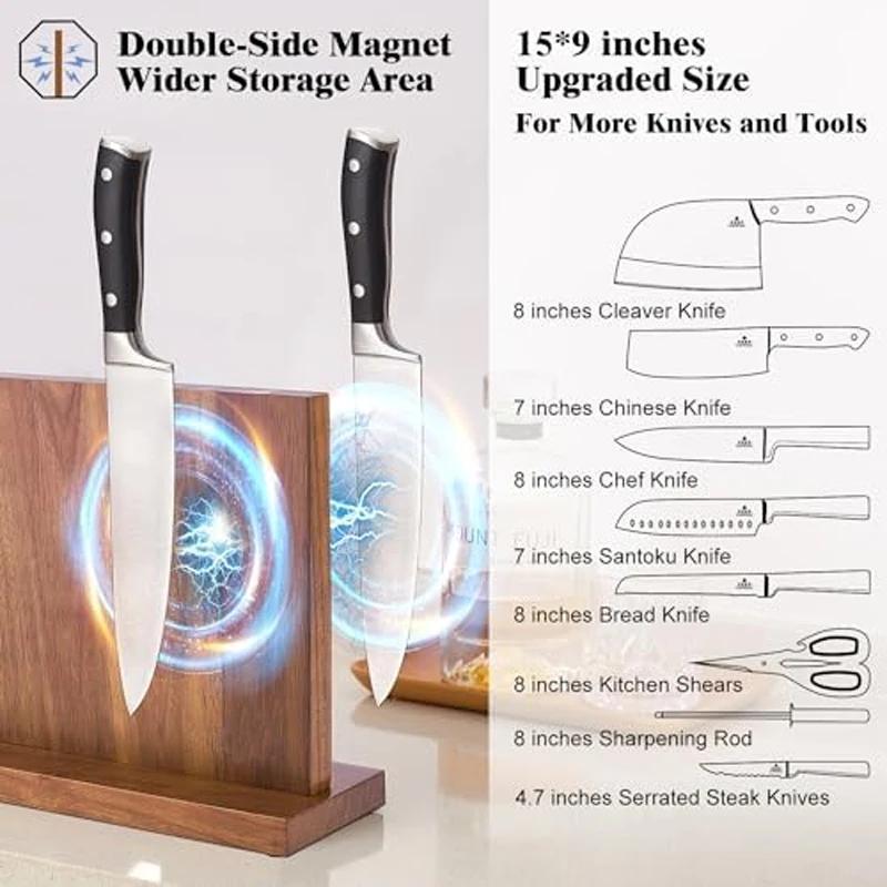 WXCOO Long Magnetic Knife Block Kitchen Holder Acacia Wooden Kitchen Counter Strong Enhanced Magnets Stands Storage Knife Holder