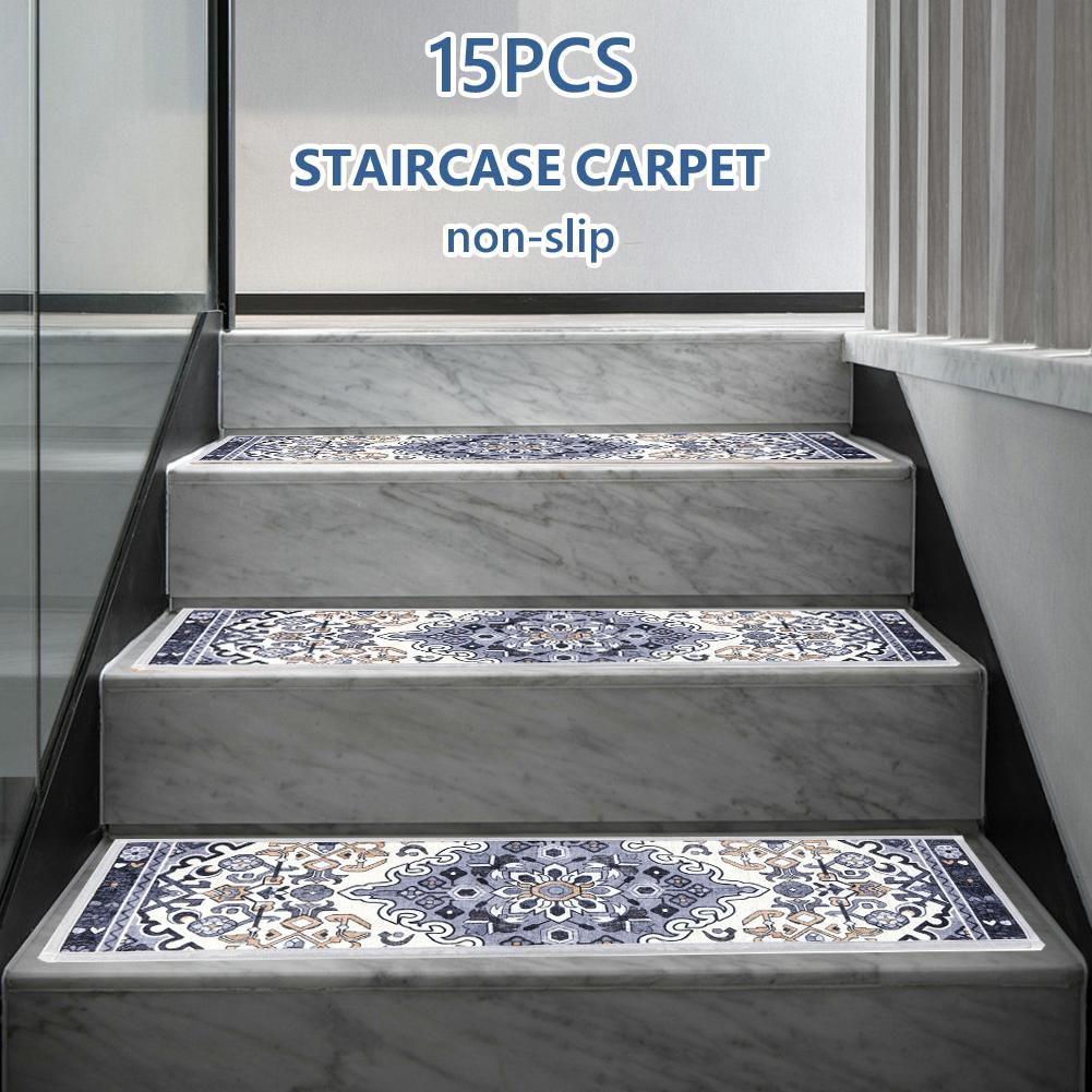 15PCS Carpet Stair Treads Set Self-adhesive Backing Non Slip Safety Mats Reusable Stairway Carpet Rugs Bohemian for Wooden Steps