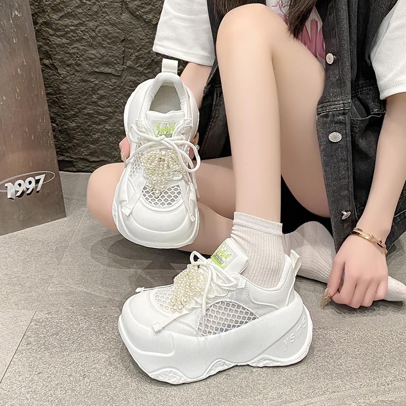 Fashion 8cm Women Summer Air Mesh Microfiber Platform Wedge Slides Shoes Mules Shoes Women Chunky Sneakers Sandals Breathable
