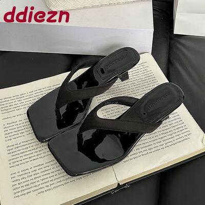 Moda Moda Kwadratowy Nosek Damskie Sandały na Obcasie Klapki Damskie Klapki Letnie Plażowe Wsuwane Płaskie Damskie Sandały na Obcasie Buty Szpilki