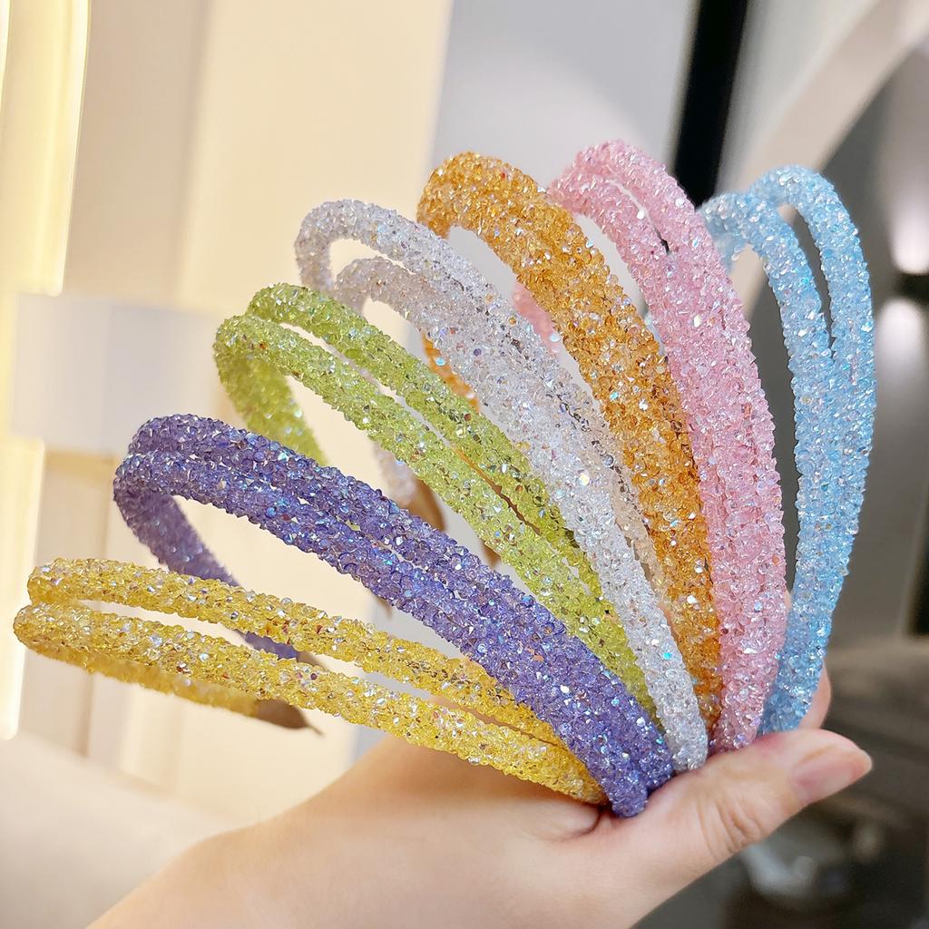 1PCS Fashion Candy Color Rhinestone Hairband For Women Girls Full Diamond Super Flash double Crystal Side Hair Band Headband